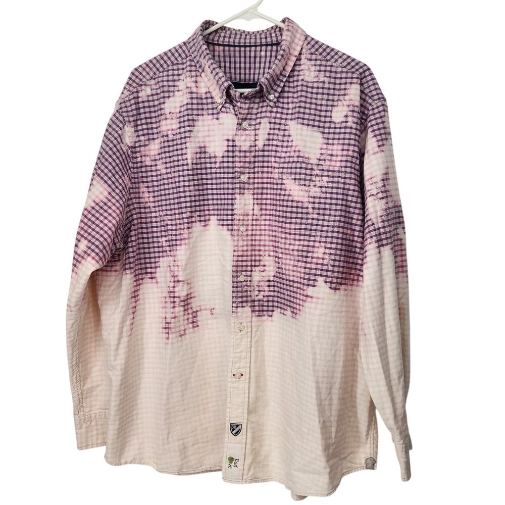 Rad Olive Upcycled Bleach Dipped Purple Checked Button Down Shirt Women XL‎